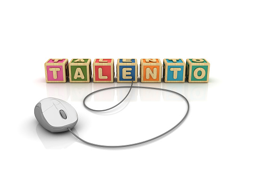 TALENTO Buzzword Cubes with Computer Mouse - Spanish Word - White Background - 3D Rendering