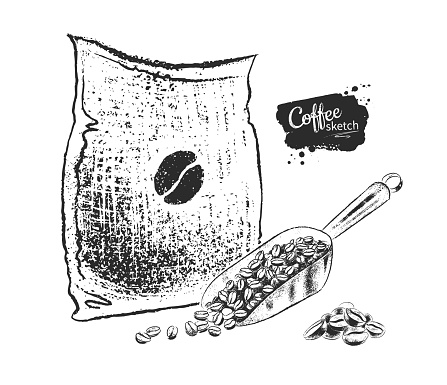 Vector hand drawn black and white illustration of sack with coffee and scoop with beans isolated on white background.