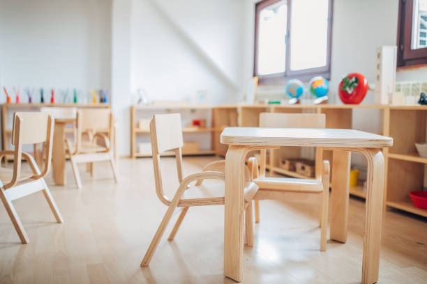 istock Tables and chairs in modern preschool classroom 1194662765