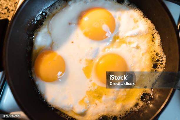Egg Omelette Is Being Prepaired In A Frying Pan Close Up Three Yellow Eggs In Eastern Europe Latvia Riga Stock Photo - Download Image Now