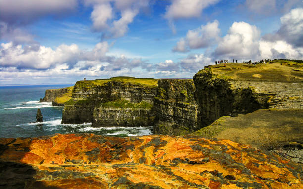 penhasco de moher, irlanda - republic of ireland cliffs of moher panoramic cliff - fotografias e filmes do acervo