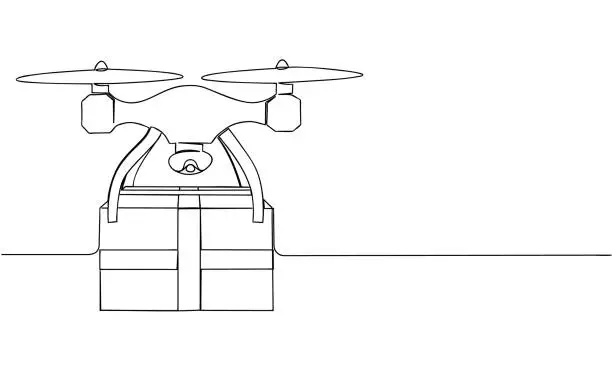 Vector illustration of Package delivery by quadcopter. Isolated stock vector illustration drawn in one line.