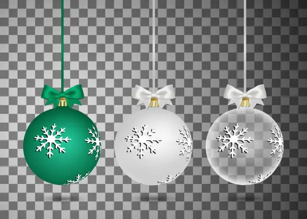 Vector illustration of Colorful christmas ball with realistic green, silver and tranparent ribbon bow on transparent background