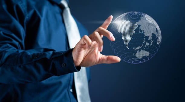istock Businessman touch modern 3d digital world map 1194677194