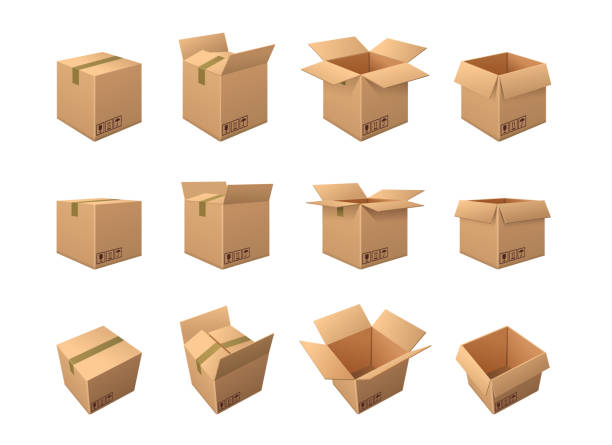 Large set of brown cardboard packing boxes Large set of twelve different brown cardboard packing boxes showing it taped shut, partially opened and with all the flaps wide open isolated on white, vector illustration box 3d stock illustrations