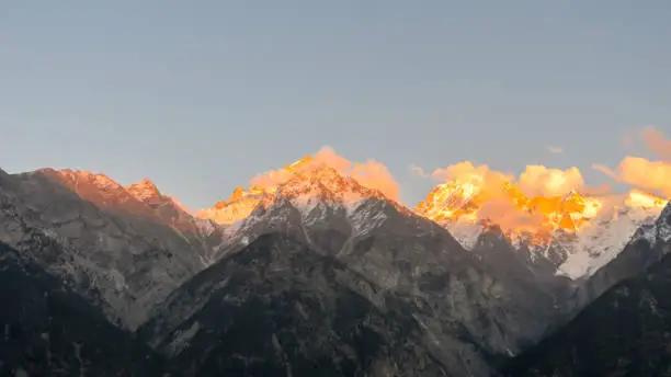 Mount Kailash or Kailasa Mountain Himalayan ranges (Tibetan name Gangs Rinpoche means Precious Snow Mountain) sacred place of Lord Shiva in sunset Sun light. View from Kinnaur, Himachal Pradesh India.