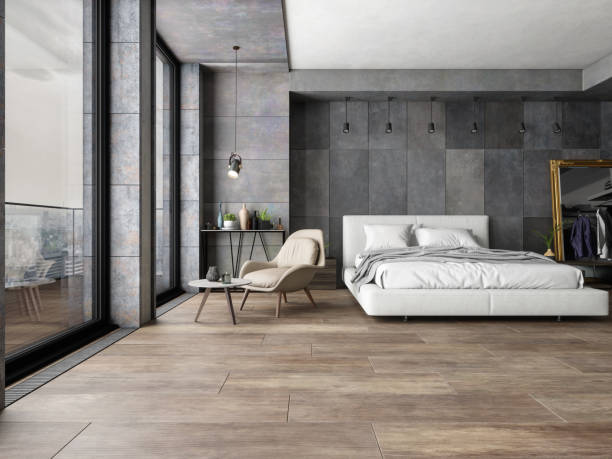 camera da letto in nuova casa di lusso - tiled floor tile floor clean foto e immagini stock