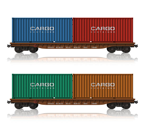 eisenbahnflachwagen mit cargo container - eisenbahnwaggon stock-fotos und bilder