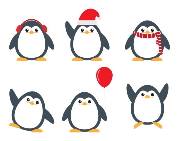 симпатичные �пингвины мультипликационных персонажей, установленных в разных позах на белом фоне - balloon child winter snow stock illustrations