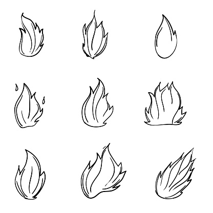 Ícones de fogo desenhados à mão ícones de chamas de fogo conjunto de  vetores doodle desenhado à mão desenho preto e branco de fogo símbolo  simples de fogo