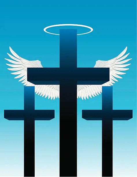 Vector illustration of Three crosses, angel wings and halo