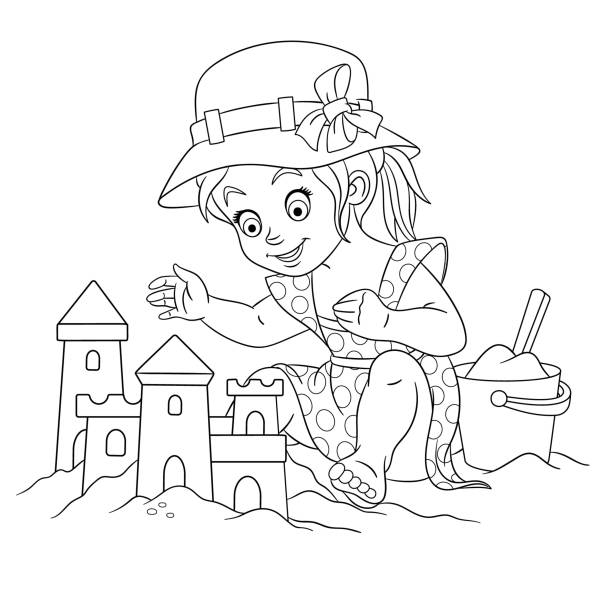 ilustraciones, imágenes clip art, dibujos animados e iconos de stock de página para colorear de dibujos animados chica edificio castillo de arena - niña y niño libro para colorear