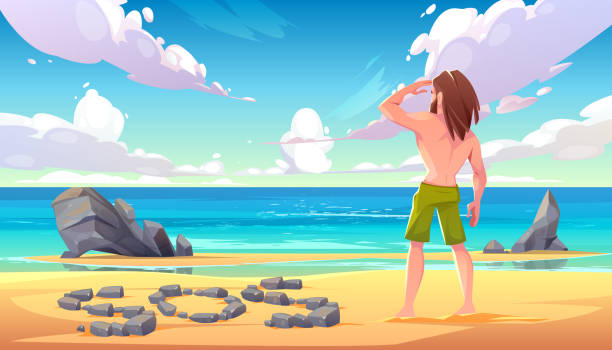 Castaway man on uninhabited island, shipwreck Castaway man on uninhabited island, lonely stranded longhaired character stand on seaside looking into distance on ocean with sos sign made of stones lying on sandy beach. Cartoon vector illustration sinking ship images stock illustrations