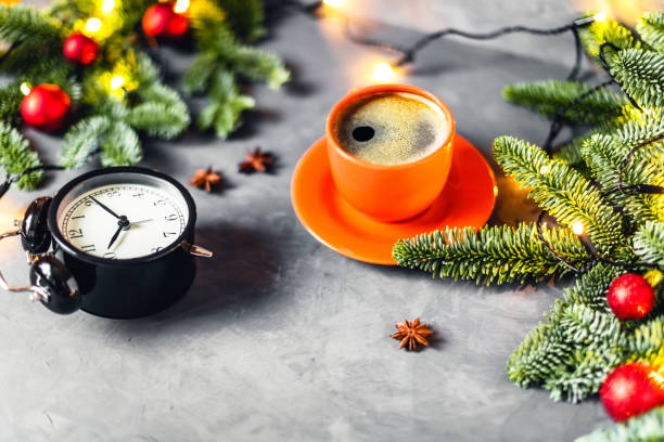 istock Delicious coffee on gray background with spruce branches. 1194695536