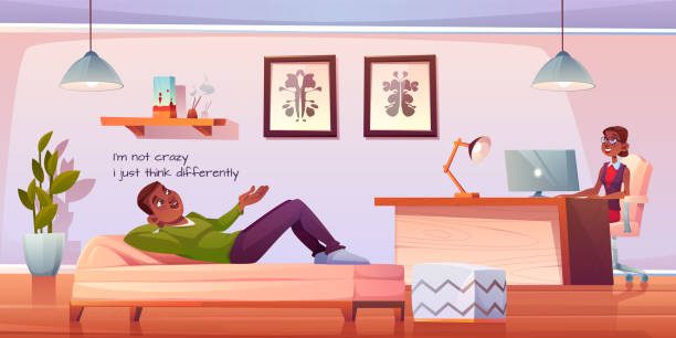 Patient in psychologist or psychotherapist office Patient in psychologist, psychotherapist office. Man lying on couch talking to woman practitioner sitting at table in cabinet. Psychiatrist session in mental health clinic. Cartoon vector illustration pareidolia stock illustrations
