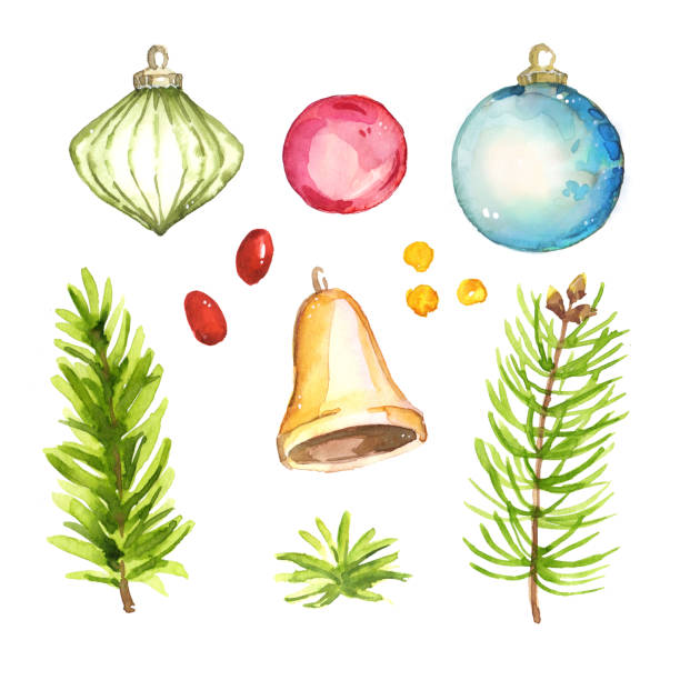 istock Watercolor hand painted Christmas floral botany and decoration elements set isolated on white background - branches, leaves and flowers 1194696947