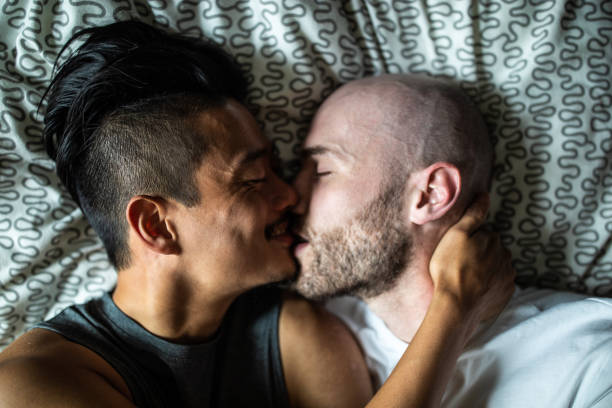 Lovely gay couple kissing in bed Directly above of two gay men, embracing, cuddling and kissing in bed early in the morning at home kissing on the mouth stock pictures, royalty-free photos & images