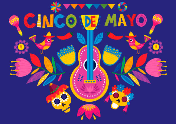 ilustraciones, imágenes clip art, dibujos animados e iconos de stock de vacaciones mexicanas 5 de mayo cinco de mayo. bandera de vacaciones mexicanas, cartel y diseño de invitación a la fiesta con guitarra tradicional mexicana, símbolos, cráneo y flores - circa 5th century