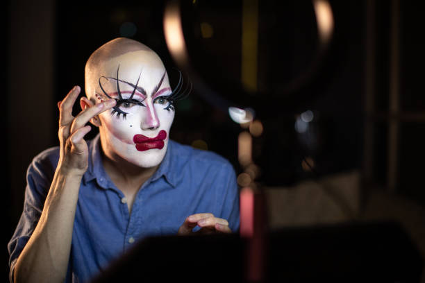 istock Drag queen putting big false eyelashes in make-up room 1194699479