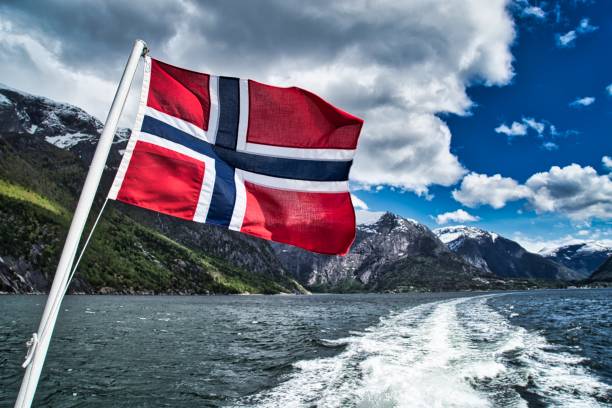 istock Norwegian Flag with beautiful background 1194701222