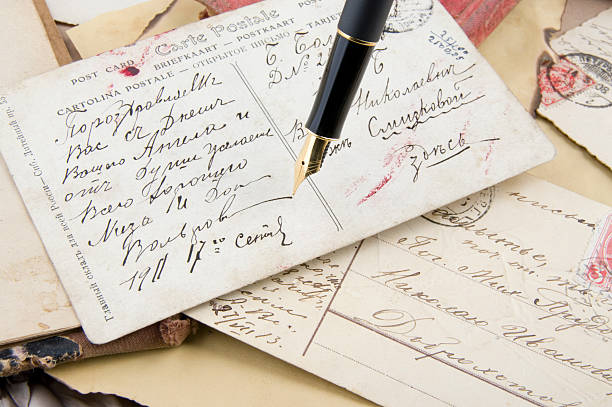istock Retro postcards and gold pen 119470417