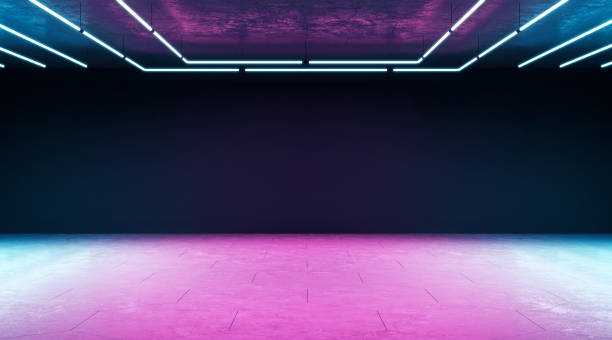 istock Minimal techno concept with modern empty hall with blank wall and neon paints. 1194704837