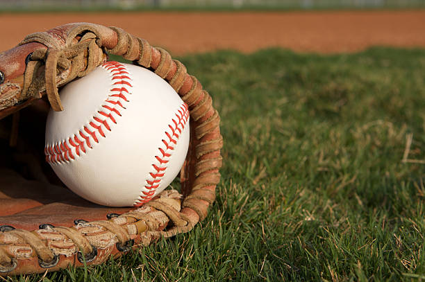 Baseball in a glove lying on the grass of an outfield stock photo