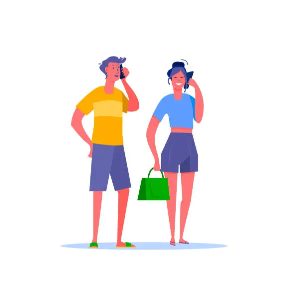 Vector illustration of Couple walking in flip flops and talking by phone