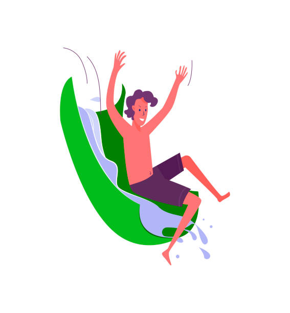ilustrações de stock, clip art, desenhos animados e ícones de happy man riding water slide - swimming shorts shorts swimming trunks clothing