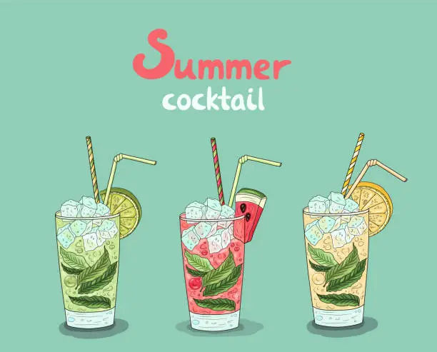 Vector illustration of Summer drink collection. Watermelon fresh, mojito, lemonade. Color juicy fruit cocktails.