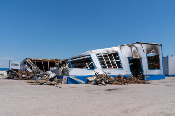 istock the burned and destroyed structure is made of profiled sheet. view from outside after the fire. 1194706259