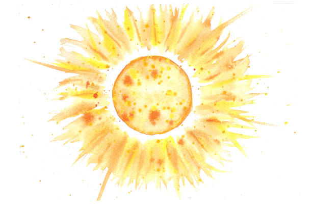 ilustrações, clipart, desenhos animados e ícones de o sol amarelo brilhante com manchas laranja brilha raios. - meteorology season sun illustration and painting