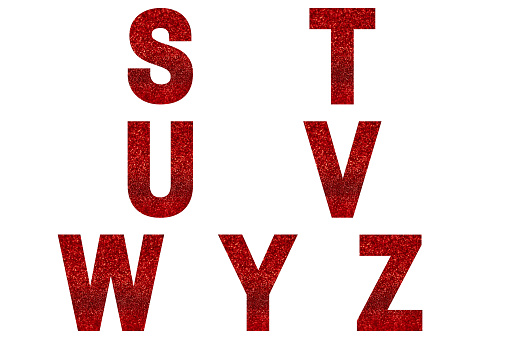 Red font Alphabet s, t, u, v, w, y, z made of red sparkle background. Festive alphabet.