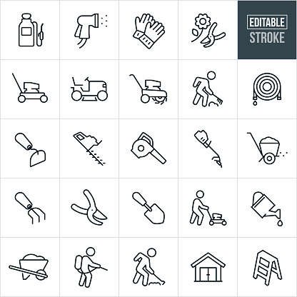 A set of yard tool icons that include editable strokes or outlines using the EPS vector file. The icons include a tank sprayer, spray nozzle, gardening gloves, pruning shears, lawn mower, riding lawnmower, tiller, person raking, garden hose, hoe, shrub trimmer, leaf blower, grass trimmer, fertilizer spreader, garden shovel, person pushing a lawnmower, person using a hoe, person using a tank sprayer, watering can, wheel barrow, shed and ladder.