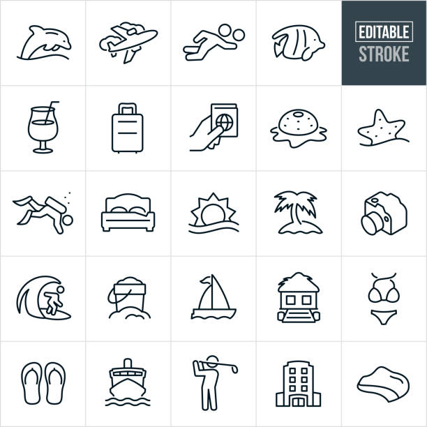 Beach Resort Thin Line Icons - Ediatable Stroke A set of beach resort icons that include editable strokes or outlines using the EPS vector file. The icons include a beach resort, tiki hut, hotel, dolphin, airplane, beach volleyball, tropical fish, tropical drink, luggage, passport, starfish, scuba diver, sunset, ocean, coast, palm tree, camera, surfer, sand bucket, sailboat, bathing suit, flip flops, cruise ship and golfer to name a few. scuba diver point of view stock illustrations