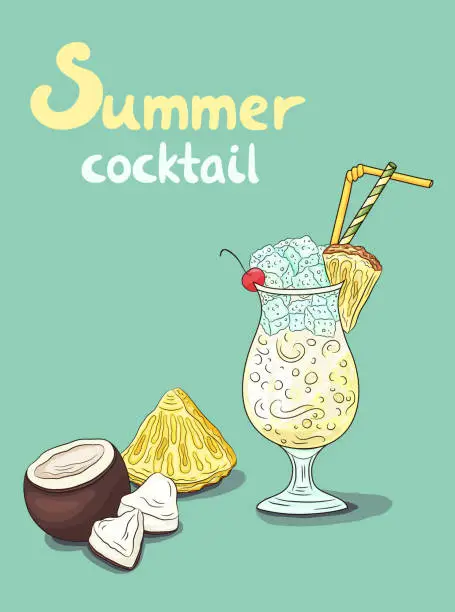 Vector illustration of Pina colada, watermelon fresh, orange juicy cocktail. Summer freshness drinks set.