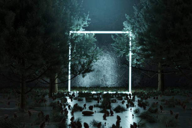 istock 3d rendering of blue lighten square shape with light beam surrounded by pine trees 1194710907