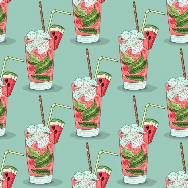 Vector illustration of Watermelon cocktail pattern. Summer fresh drink background. Color fruit texture.