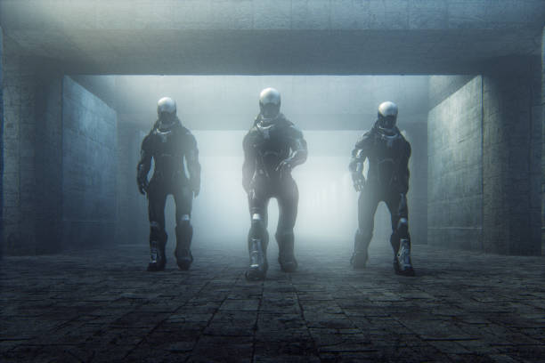istock Futuristic police cyborgs walking in old corridor 1194712376