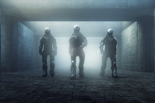 Futuristic police cyborgs walking in old corridor. This is entirely 3D generated image.