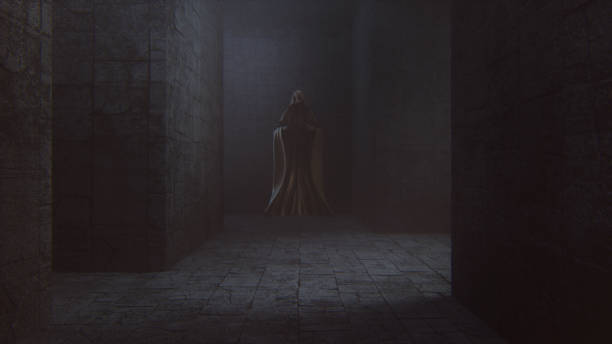 istock Dark, hooded floating ghost statue in the castle corridors 1194712486