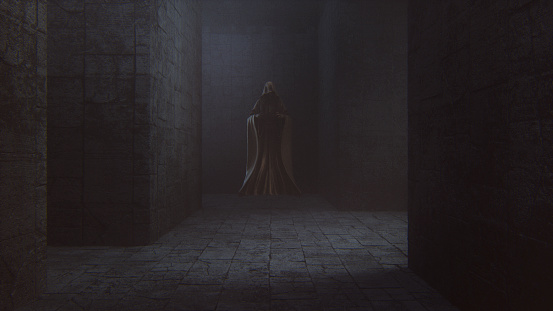Dark, hooded floating ghost statue in the castle corridors