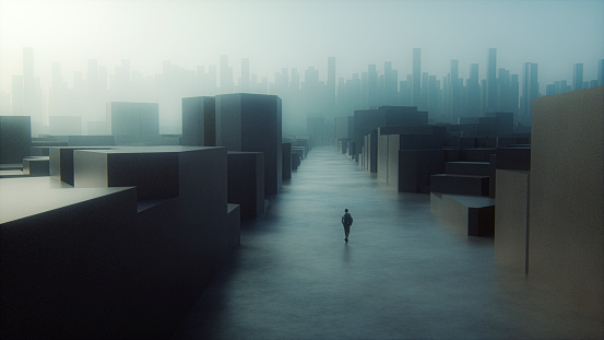 Lonely businessman walking towards city. This is entirely 3D generated image.