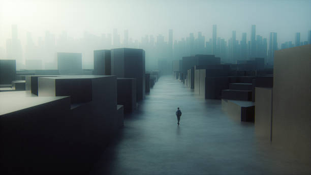 Lonely businessman walking towards city. Lonely businessman walking towards city. This is entirely 3D generated image. dystopia concept photos stock pictures, royalty-free photos & images