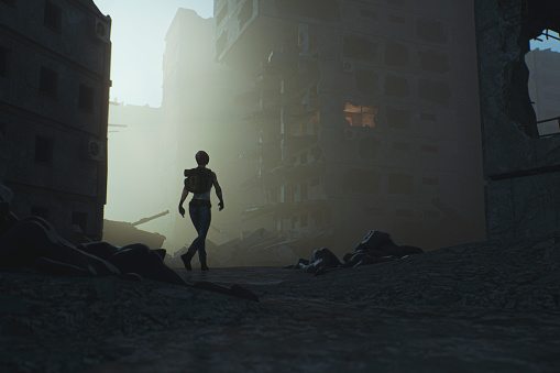 Post apocalypse survivor walking in destroyed city. This is entirely 3D generated image.