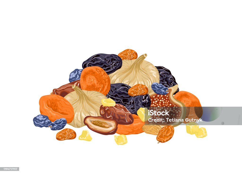 Mix Of Dried Fruits Isolated On White Background Pile Of Dried Dates Figs  Raisins Prunes And Dried Apricots Vector Illustration Of Organic Healthy  Food Natural Sweets In Cartoon Flat Style Stock Illustration -