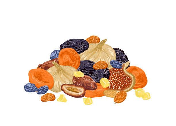 Mix of dried fruits isolated on white background. Pile of dried dates, figs, raisins, prunes and dried apricots. Vector illustration of organic healthy food, natural sweets in cartoon flat style. Mix of dried fruits isolated on white background. Pile of dried dates, figs, raisins, prunes and dried apricots. Vector illustration of organic healthy food, natural sweets in cartoon flat style. dried fruit stock illustrations