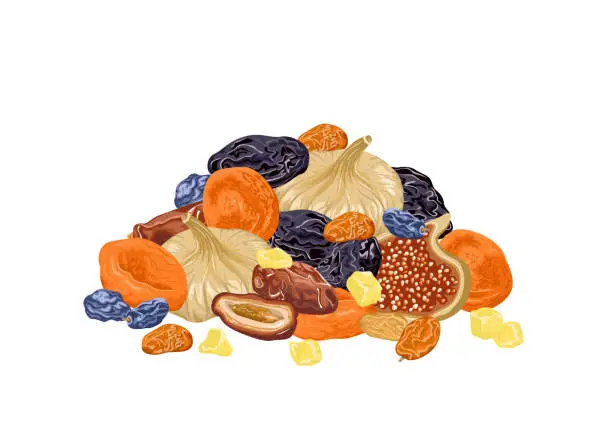 Vector illustration of Mix of dried fruits isolated on white background. Pile of dried dates, figs, raisins, prunes and dried apricots. Vector illustration of organic healthy food, natural sweets in cartoon flat style.