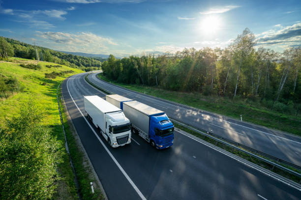 niebieska ciężarówka wyprzedzająca białą ciężarówkę na asfaltowym autostradzie między lasami pod promienistym słońcem. widok z góry. - overtake zdjęcia i obrazy z banku zdjęć
