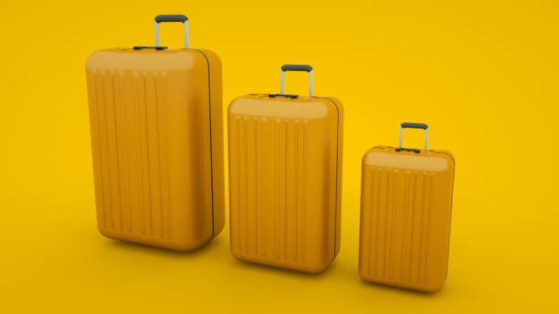 istock Three orange suitcases isolated on yellow background, 3d illustration 1194725067